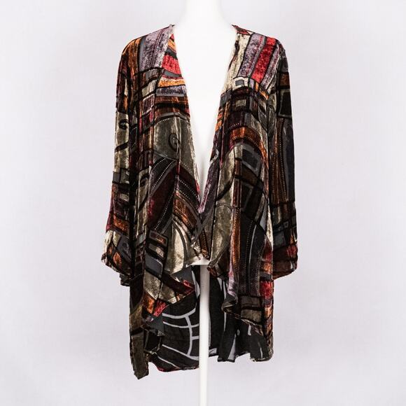 Cocoon House Colorful Burnout Velvet Kimono Jacket L/XL Silk Blend Artsy Unique - Picture 2 of 11